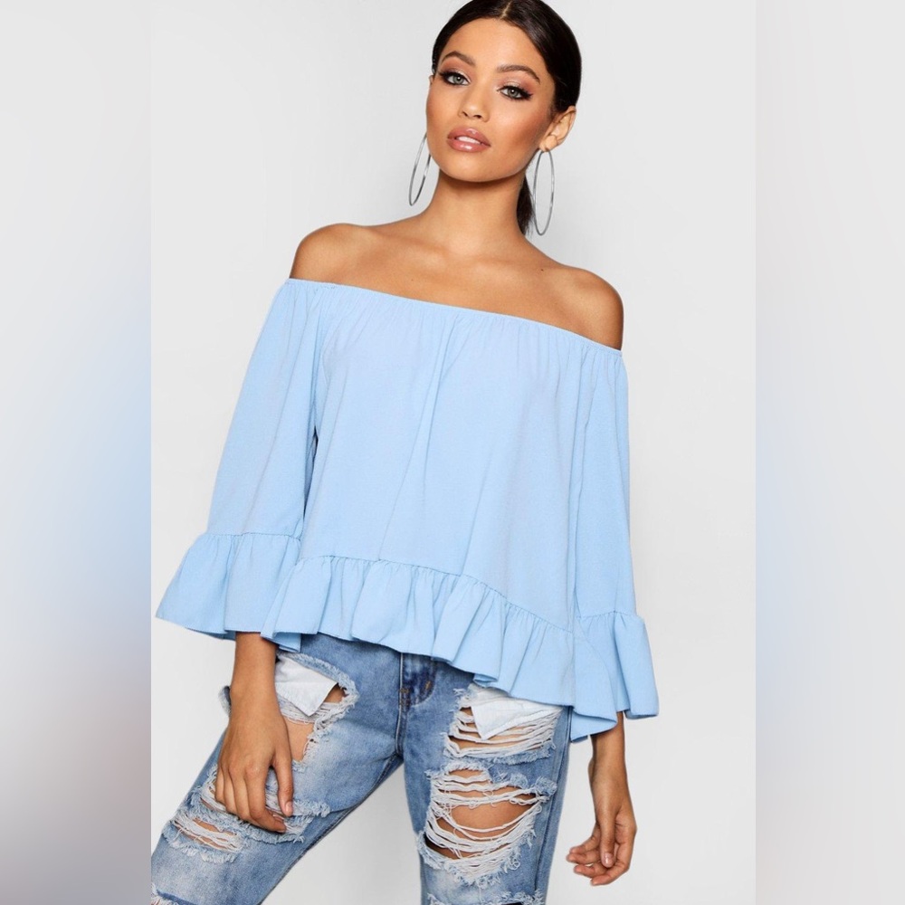 BOOHOO Sasha Woven Off The Shoulder Frill Sleeve Top